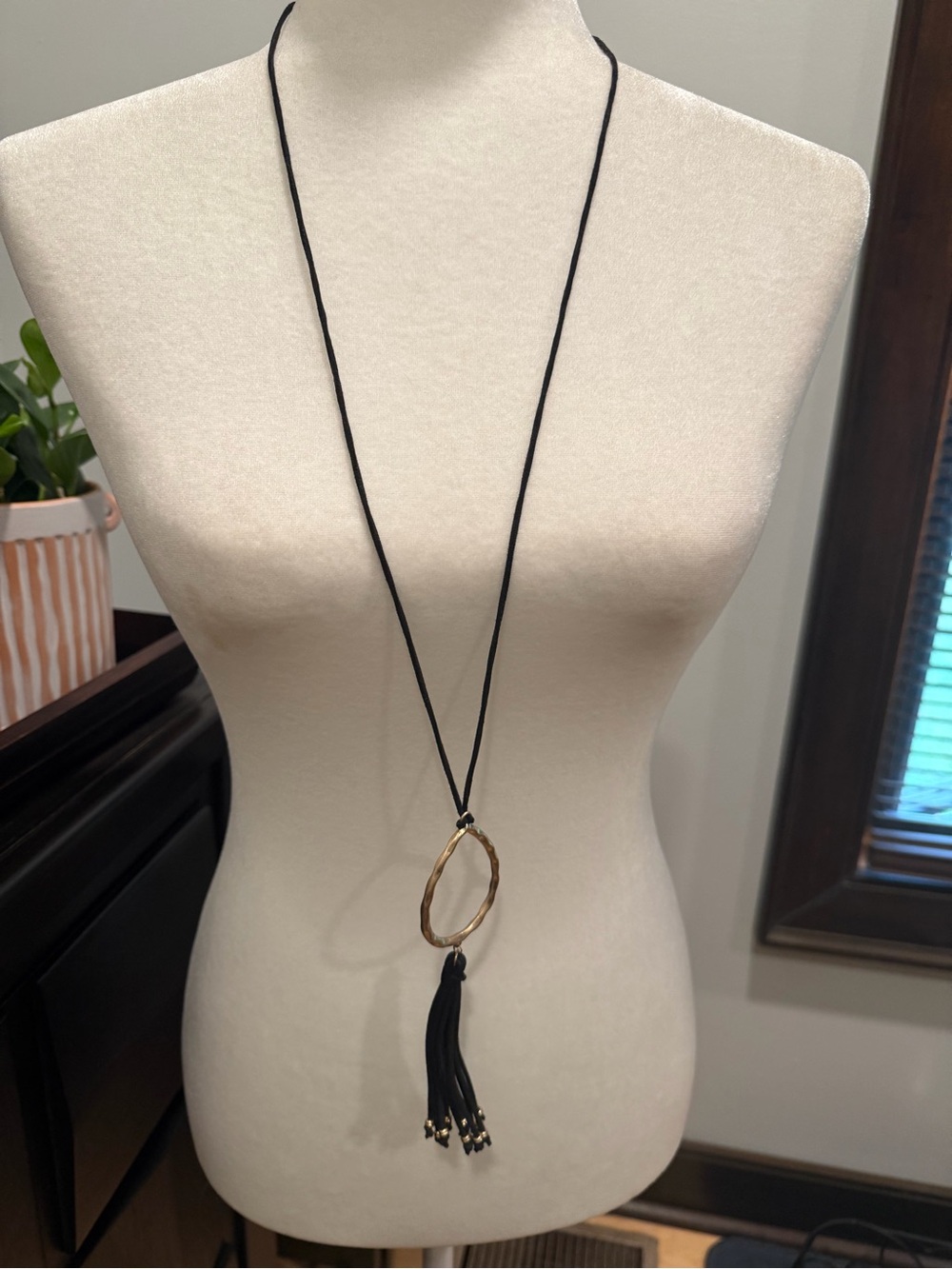 Long Black Cord Necklace with Hammered Gold Loop and Black Tassel / Earrings